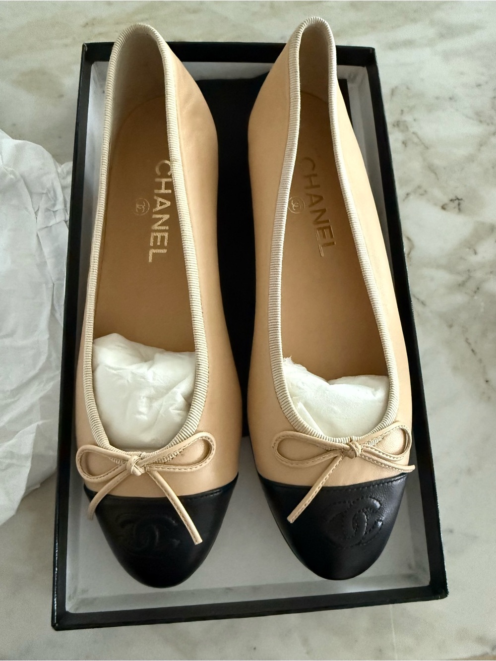 Authentic NWT CHANEL Beige and Black Two-Tone Leather Ballet Flats